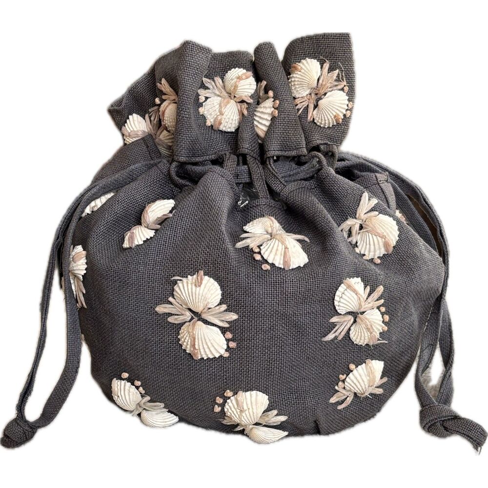 Rare Vintage 1950s Dark Blue SeaShell Drawstring Bucket Pouch Purse